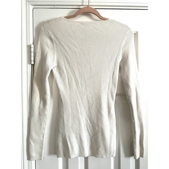 MINNIE ROSE Creamy White Lace-Up V-Neck Cotton-Silk Ribbed Top Shirt - Sz M - Picture 5 of 5
